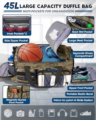 RAINSMORE Sports Gym Bag for Men Women, 45L Large Duffel Bag with Shoe Compartment and Wet Pocket, Water Resistant, 3-in-1 Travel Holdall Weekender Khaki Camo — view 2