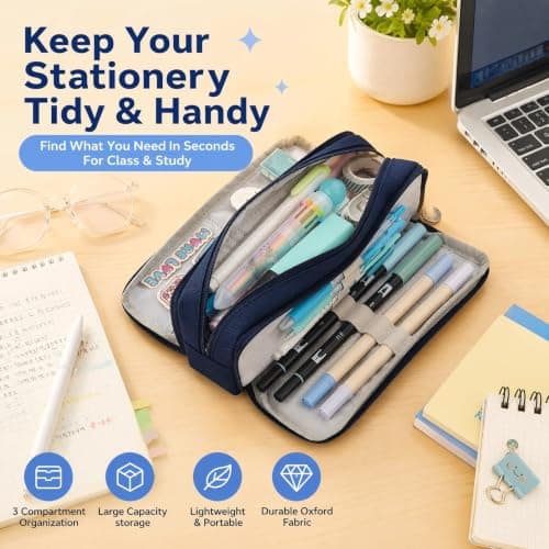 Large Capacity Pencil Case 3 Compartment Pouch Pen Bag for School, Navy — view 4