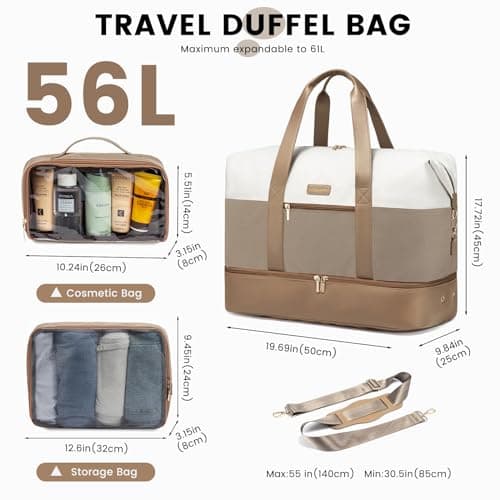 LOVEVOOK Travel Overnight Bags for Women, Waterproof Weekend Hospital Gym Bag with Shoes Compartment & Trolley Sleeve, Large Carry On Cabin Duffle Holdall Bag, Khaki — view 2