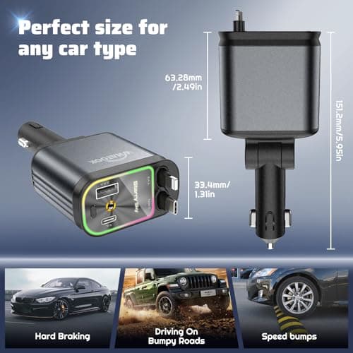 WHATOOK Retractable Car Charger Adapter: 4 in 1 Cigarette Lighter with Starry Sky LED,66W Fast USB C Mobile Phone Automobile Charger, Ford Fiesta Car Accessories Gadgets Gifts for Men Women Christmas — view 6