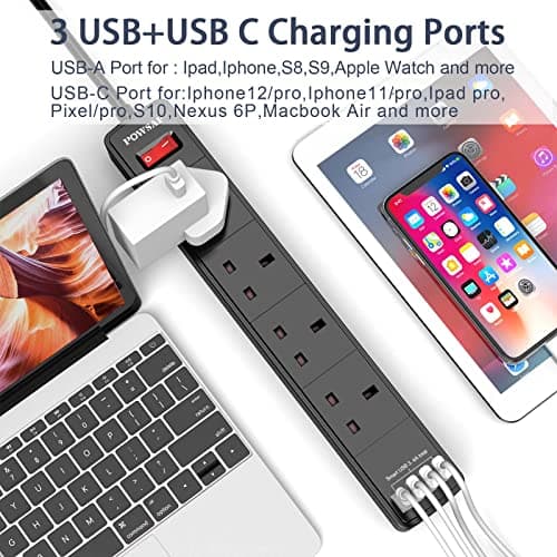 POWSAF Extension Lead with 4 USB Slots (3.4A, 1C and 3A Ports),Power Strip Extension cord with 4 way plug extension Socket and 2M Extension Cable for Home Office Travel holiday essentials,Black — view 3