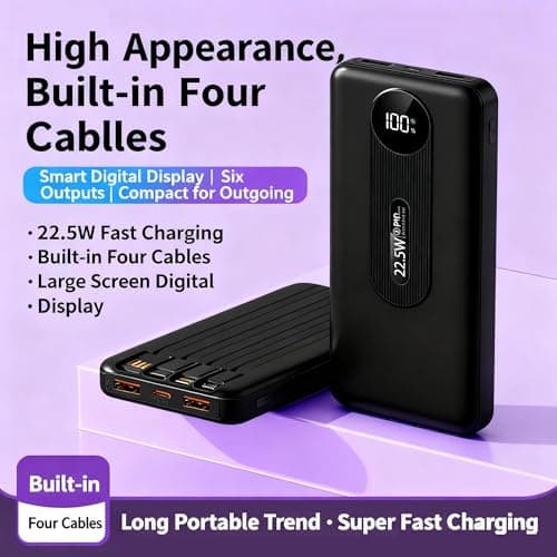 Power Bank with 4 Built-in Cables, 22.5W PD Fast Charging Portable Charger 10000mAh High-Capacity Battery Pack with LED Display 6-Output & 5-Input for Smartphones Tablets and More (Black, 10000mAh) — view 6