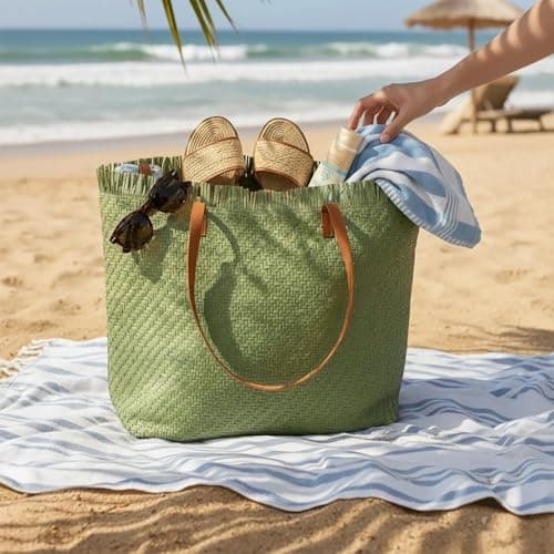 Woodland Leathers Womens Beach Bag, Large Paper Straw Beach Bag, Woven Summer Tote Shoulder Shopper Handbag with PU Leather Straps Lightweight Open Top Holiday Bag (Green, Large) — view 6