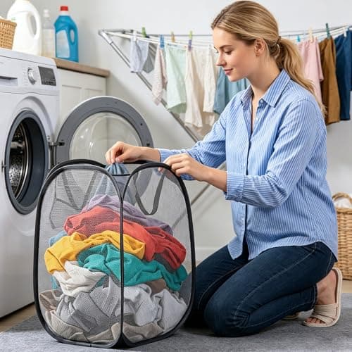 2 Pack Foldable Mesh Laundry Baskets, Collapsible Washing Bag with Handles & Side Pocket, Large Capacity Dirty Clothes Basket for Bedroom, Bathroom, Kids Room Student Dorm Travel — view 5