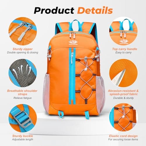 flintronic Lightweight Hiking Backpack, 30L Foldable Waterproof Rucksack, Back Pack Rucksack for Men Women Kids, Walking Backpack for Outdoor Sports, Hiking, Travelling, Camping, Orange — view 3