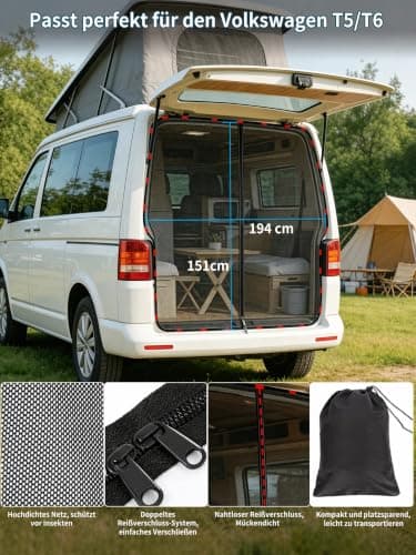 Mosquito Net Travel Magnetic for VW T5/T6 Tailgate, 151 x 194 cm Insect Protection with Two-Way Zip, Camper Accessories for Back Door, for Sliding Door and Camping (Back) — view 2