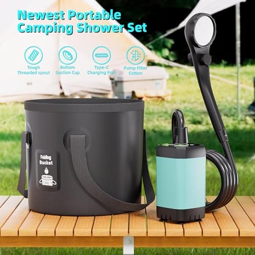 Mytrix Upgraded Portable Camping Shower Full Set, 6000mAh Rechargeable Power Suction Pump with Smart Display, Multi-Modes Spray Head & 5 Gal Water Foldable Bucket for Outdoor Travel Hiking, Blue — view 6