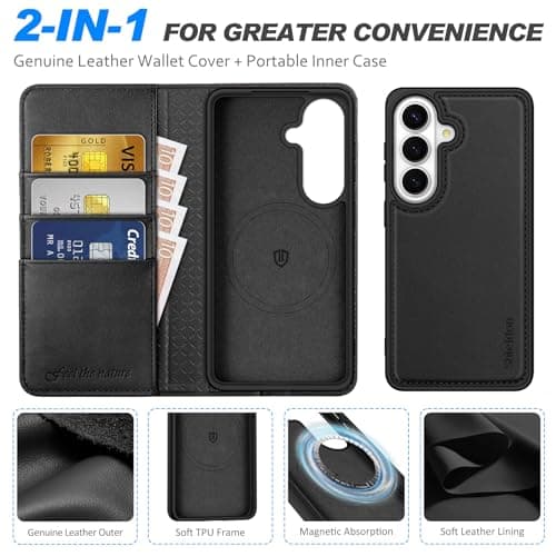 SHIELDON Genuine Leather Detachable Wallet Case for Galaxy S26, Black — view 6