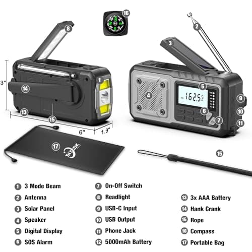 SIYEGK NOAA AM FM Emergency Weather Radio 5000mAh with Solar Hand Crank for Men Dad Husband Cool Gadgets NOAA AM FM Portable Battery Weather Warning Radios with Flashlight Perfect Gift — view 3
