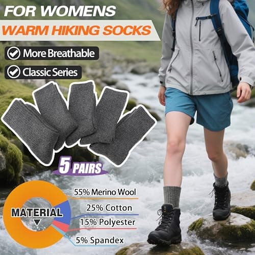Sandsuced Womens Merino Wool Thermal Socks Warm Winter Cozy Long Heavy Comfy Socks for Ladies Mum Stocking Fillers Women Gifts Thick Crew Work Soft Boot Socks 5 Pairs(Grey) — view 5