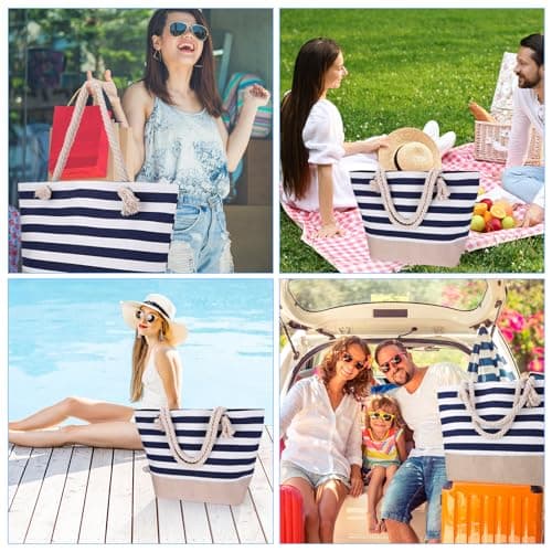 ViEinkaufen Waterproof Beach Bag,Navy Blue Beach Bags for Women with Zipper — view 2