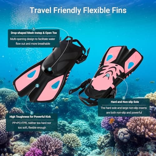 Snorkel Set Adults with Flippers, Snorkel Mask with Adjustable Open-Heel Swim Fins, Snorkeling Packages with Carrying Bag for Beginners and Snorkelers for Pool, Beach & Travel (Pink, L/XL) — view 5