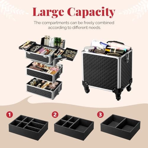 Bonnlo 4 in 1 Rolling Makeup Train Case, Aluminum Makeup Travel Organizer Cosmetic Case, Cosmetology Display Suitcase on Wheels, Beauty Storage Luggage Lockable w/4 Removable Wheels - Black & Silver — view 3