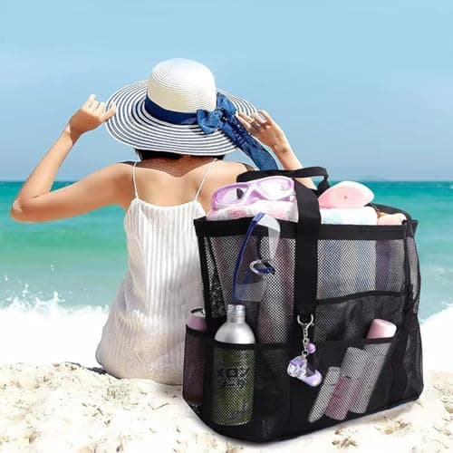 CCAIPU Large Mesh Beach Bag, Mesh Bag for Sand Toys, Foldable Handbags, Storage Bag with Pockets and Zip, for Beach, Holiday, Travel, Shopping (Orange) — view 3