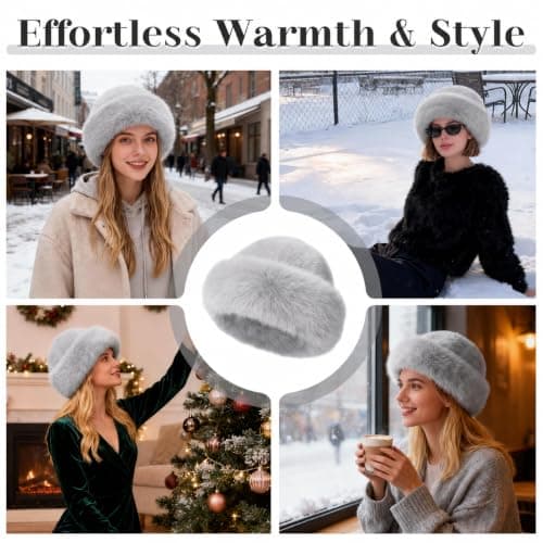 Faux Fur Bucket Hat for Women, Russian Style Winter Fluffy Fuzzy Ladies Hats Travel Hiking Work Home, Chapeau Fourrure Femme Winter Fashion Gift (Grey) — view 5