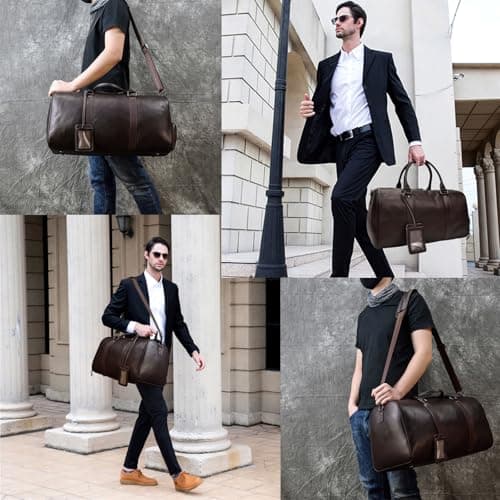 LUUFAN Unisex Leather Travel Duffel Bag Vintage Weekend Bag (Brown-55cm) — view 5