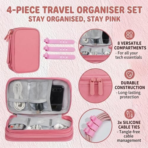 Cable Organiser Bag, Pink Cable Bag, Travel Organiser With Three Straps, Double-Layer Design, Travel Accessories for Storing Chargers, Power Banks and Headphones — view 3