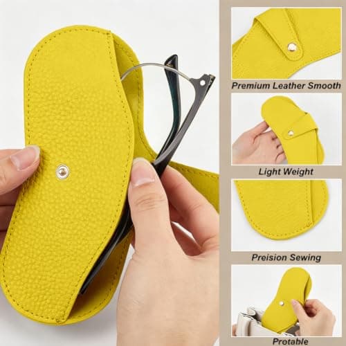 CREATCABIN Leather Glasses Case Soft Sunglasses Case Flat Eyeglass Cases Slim Yellow Portable Spectacle Cases Storage Pouch Bag Lightweight with Cleaning Cloth Gift for Women Men Travel 6.7x3.3 Inch — view 5