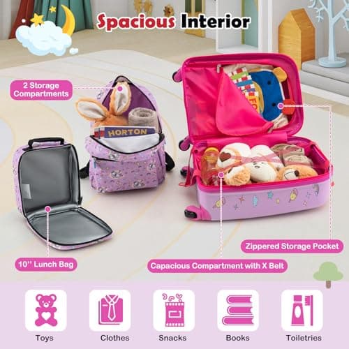 HOMFME 5PCS Kids Luggage Set, 16 Inch Children Suitcase and 13 Inch Backpack Set with Neck Pillow, Lunch Bag, Name Tag, Hard Shell Toddler Trolley Suitcase for Boys Girls (Unicorn, Pink) — view 3