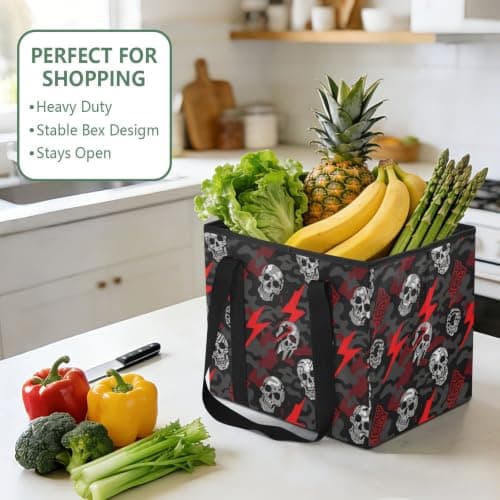 Car Trunk Organizer Reusable Grocery Bags Skull Lightning Camouflage Pattern Heavy Duty Foldable Tote Bags with Reinforced Bottom & Handles for Shopping Work Travel, 1 Pack — view 6