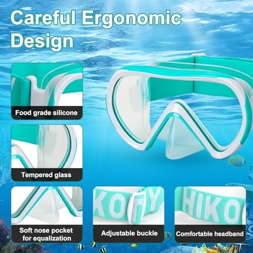 HIKOTEY Kids Snorkel Mask with Elastic Fabric Strap,180°Panoramic View Diving Mask With Tempered Glass Lenses,Anti-fog, Anti-leak Technology, Swimming Goggles Kids with Nose Cover for Age 4-16 Years — view 2