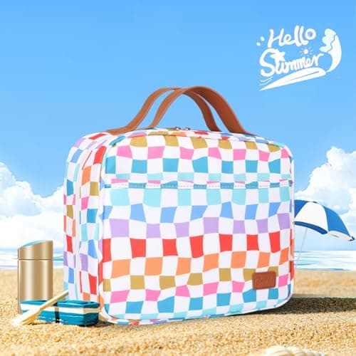 Travel Toiletry Bag for Women, Hanging Toiletry Bag with Hook Pastel Checkered Makeup Bag for Travel Size Toiletries, Cosmetics, Must Haves for Traveling Women — view 3