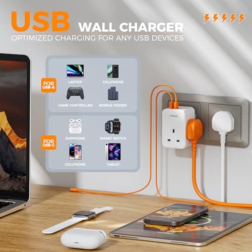 TESSAN 3 Way Multi Plug，Extension Socket with 3 USB Charging Station — view 4