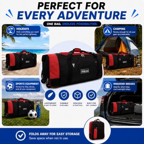 Large Holdall with Wheels, 82L Wheeled Duffle Bag, Black Rolling Travel Bag, Soft Luggage with Zipped Pockets for Holidays, Weekend Trips, Sports, Gym & Overnight Travel — view 4