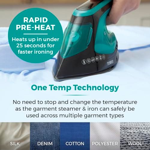 Tower Garment Steamer 1800W, 2-in-1 Steamer & Iron for Flexible Garment Care, One Temperature Technology, 25-Second Heat-Up, Ceramic Soleplate, 180ml Tank, Black & Teal (T22031TL) — view 4