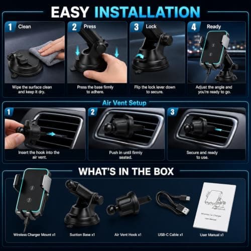 Car Phone Holder Wireless Charger, 15W Fast Charging Auto Clamping Car Charger Phone Mount Holder fit for Dash Windshield for iPhone 17 16 15 14 13 12 11 Pro Max, Galaxy S24+ and more — view 6