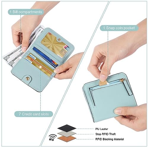 Aucuu Women's Wallet, RFID Blocking Leather Compact Bifold Wallet, Women's 7 Cards Slim Minimalist Card Holder with ID Window, Small Ladies Coin Purse, Light Blue — view 4