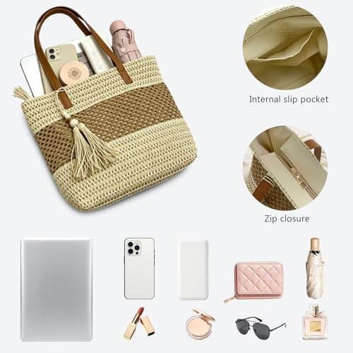 unisoul Straw Beach Bag for Women, Hand-Woven Summer Tote Bag with Zip, Lightweight Shoulder Handbag for Holidays, Travel & Daily Use, Off White — view 5