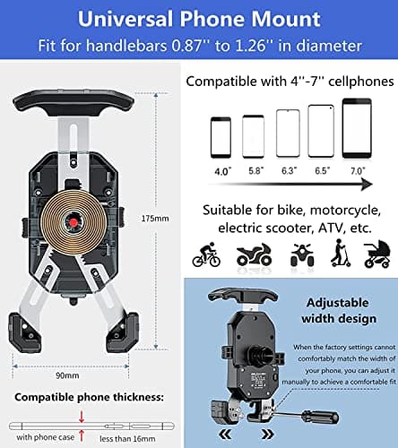 KEWIG Motorcycle Phone Holder - Wireless 15W & USB C 20W Fast Charger, Waterproof Motorbike Phone Mount with Aluminum Alloy Base, Fits 4'' - 7'' Cellphones — view 6