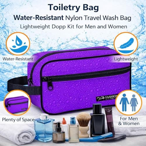 Water-Resistant Toiletry Bag for Men & Women - Lightweight Travel Wash Bag with Multiple Compartments, Compact Dopp Kit Cosmetic Organizer, Durable Nylon Shaving & Makeup Storage Case (Purple) — view 2