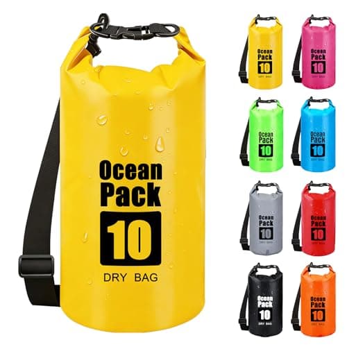 RONGZUBAT 10L Waterproof Dry Bag with Shoulder Strap, Roll Top Dry Sack for Towels and Clothes, Waterproof Bag for Kayaking, Paddle Boarding, Boating, Beach, Camping and Travel - Yellow
