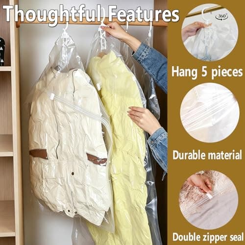 Hanging Vacuum Storage Bags 4 Pack 135x70 cm - Space Saver Vacuum Compression Bags Reusable for Clothes,Wardrobe,Coats,Suits & Dresses - Clear Closet Organiser - Work with Any Vacuum Cleaner — view 3