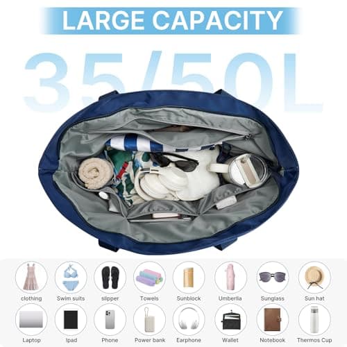G4Free 35/50L Foldable Beach Bag with Zipper Pockets, Waterproof Tote Pool Handbags for Women, Compatible with Stanley Cup, Weekender, Travel, Holiday — view 6