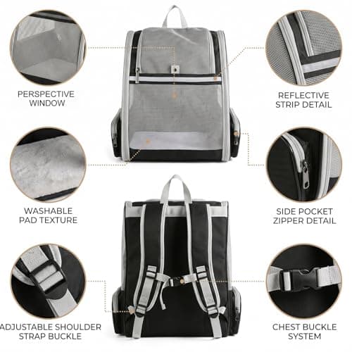 Cat Backpack Carrier - Foldable Pet Carriers for Cats & Small Dogs, Lightweight Breathable Cat Backpack with 3-Side Mesh Windows & 2 Pockets, Cat Carriers & Travel Products — view 3