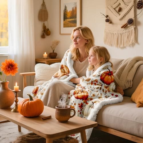 Lanpn Fall Pumpkin Flannel Throw Blanket, 460GSM Soft Warm Sherpa Fleece Throws, Orange Pumpkins Leaves Blanket for Couch Bed, Cozy Autumn Throw Blankets Farmhouse Thanksgiving Home Decor, 130x150 — view 5