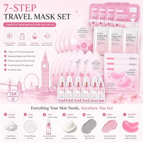 29pcs Sakura Travel Skincare Set – Hydrating Face Care Kit with Cleanser, Toner, Serum, Essence Cream, Eye Masks, Sleeping Masks & Mud Masks – Portable Beauty Set for Travel & Holidays — view 2