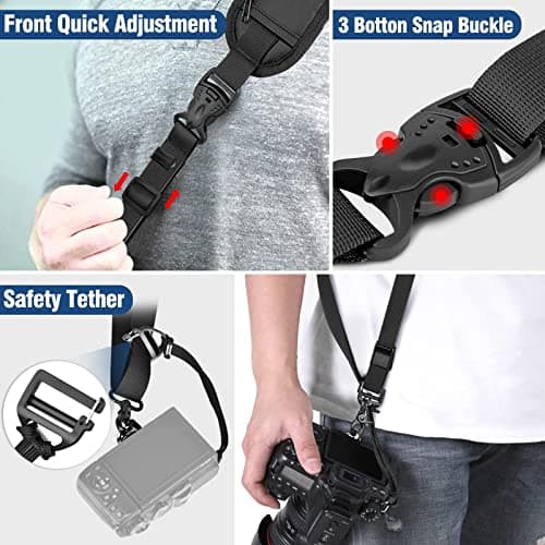 KTUEOV Camera Strap Quick Release, Camera Shoulder Strap Adjustable with Safety Tether Non-slip Wide Nylon Strap 2 Pockets and 2 Retainers, Crossbody Camera Strap Padded for DSLR Camera(Black) — view 3