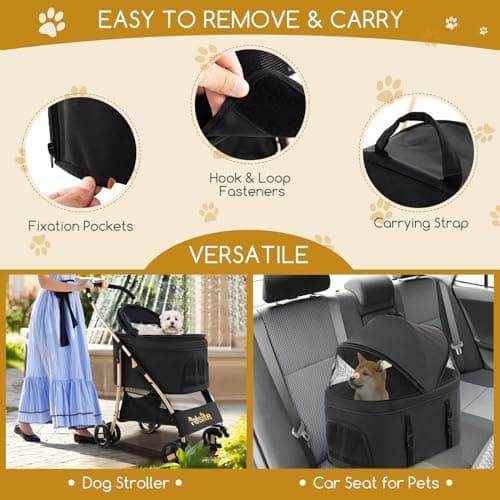 COSTWAY 3 in 1 Pet Stroller, Folding Dog Strollers with Detachable Car Seat Carrier, Adjustable Canopy, Storage Basket, 4 Wheels Travel Pushchair for Small Medium Dogs Cats (Black+Gold) — view 2