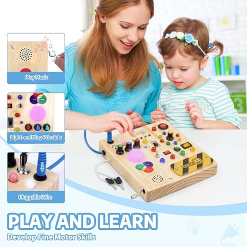 Konijiwa Montessori Busy Board Baby Toys for 1 Year Old with 13 Switches 24 LED Lights Switch Sensory Travel Wooden Activity Learning Toy 1 2 3 Years Old Baby Boys Girls Gifts — view 3