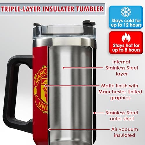 Get Trend Manchester United Insulated Tumbler 850ml, Stainless Steel Water Bottle with Straw & Handle, Cold for 12H Hot for 8H, Travel Coffee Mug, Football Gifts (Red Man U) — view 4
