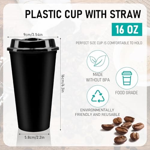 30 Pack Black Reusable Coffee Cups with Lids, 450 ml Plastic Travel Mugs — view 2