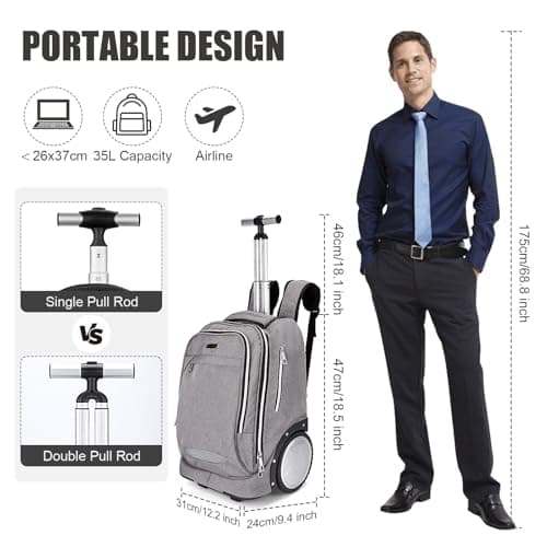 Rolling Backpack with 7 Inch Large Wheels, Double Reinforce Telescoping Handle,Easy Going Up and Down Staircase, Carry-on Backpack with Laptop Compartment for Business and Travel Commuter Grey — view 2