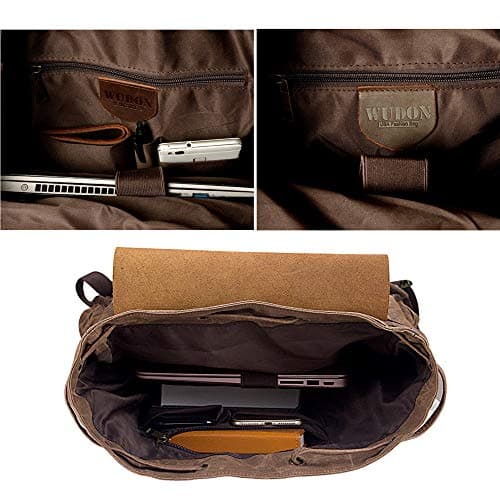 WUDON Leather Backpack for Men, Waxed Canvas Shoulder Rucksack Carry-On Travel Backpack, Coffee, L, Travel Backpacks — view 4