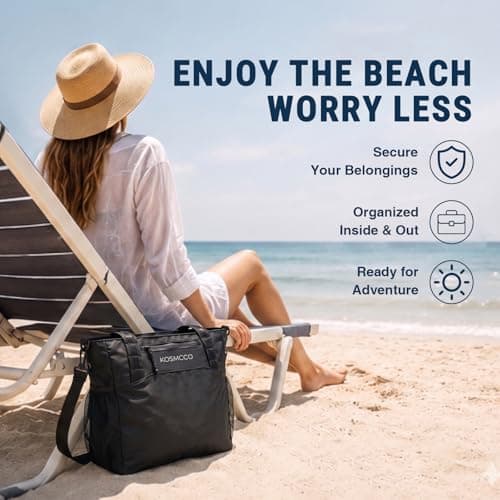 KOSMCCO Beach Tote Bag with Lockable Security Cable, Black — view 5