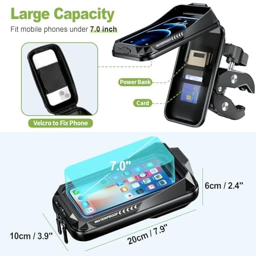 BTNEEU Motorcycle Phone Mount Waterproof 360° Rotatable Motorbike Phone Holder with Touch Screen Sun Visor Anti-Shake Motorcycle Mirror Phone Holder Moped Phone Mount for Phone up to 7.0'' (Black C) — view 5