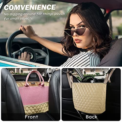 Car Organizers and Storage Purse Holder, Large Capacity Car Net Pocket Handbag Holder, Automotive Consoles & Backseat Organizer, Leather Back Seat Bag Between Car Front Seats, Beige — view 2